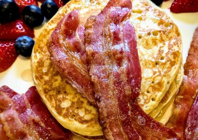 Breakfast - Homemade Scotch Pancakes and Streaky Bacon , with Bueberries and Strawberries