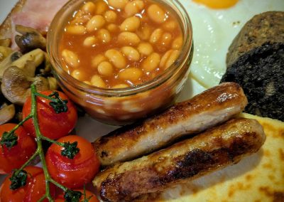 Breakfast - Full Scottish Cooked Breakfast with local Isle of Skye Black Pudding, Lochalsh Haggis, Sausages, Bacon, Tattie Scone, Fried Egg, beans, Mushrooms and Tomoato